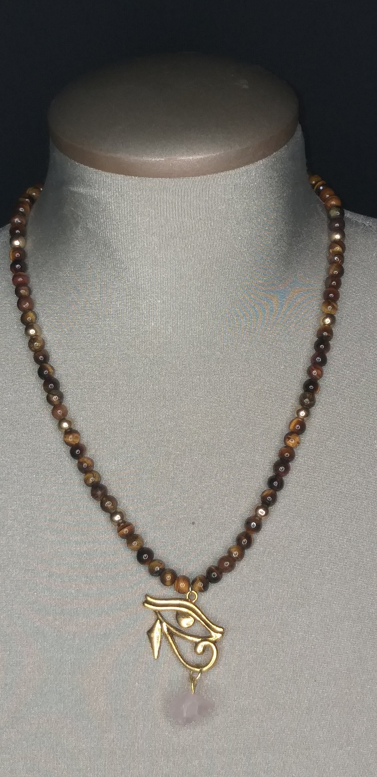Tiger's Eye Necklace w/Rose quartz gold eye of horus