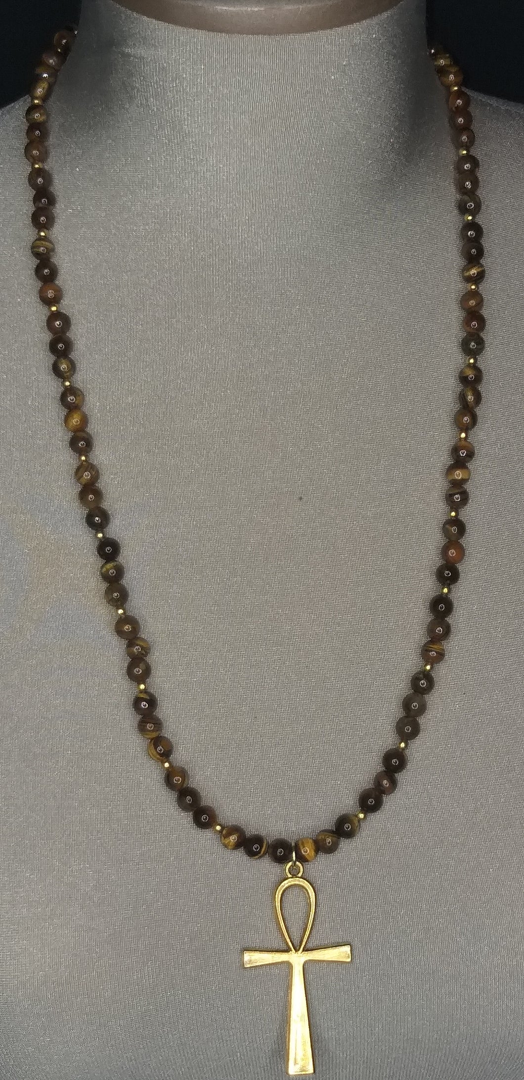 Tiger's Eye Necklace w/gold ankh