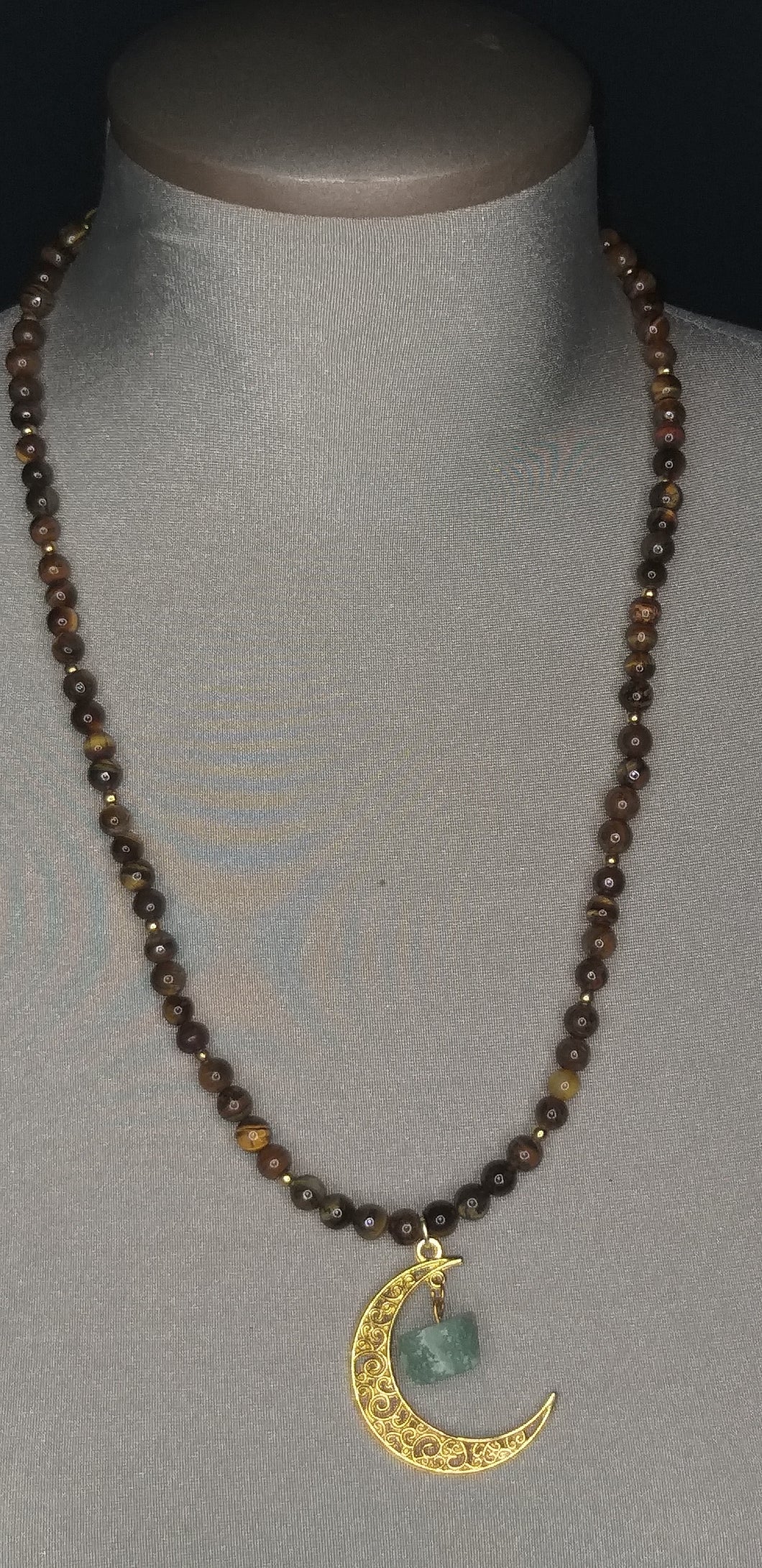Tiger's Eye Necklace w/Aventurine gold moon pendant