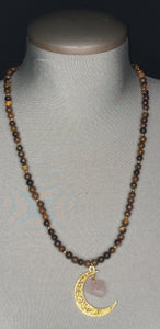 Tiger's Eye Necklace W/Rose quartz gold moon pendant