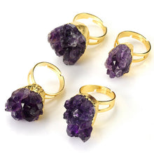 Load image into Gallery viewer, Unique Yellow Gold Color Irregular Shape Natural Amethysts Clusters Crystal Ring